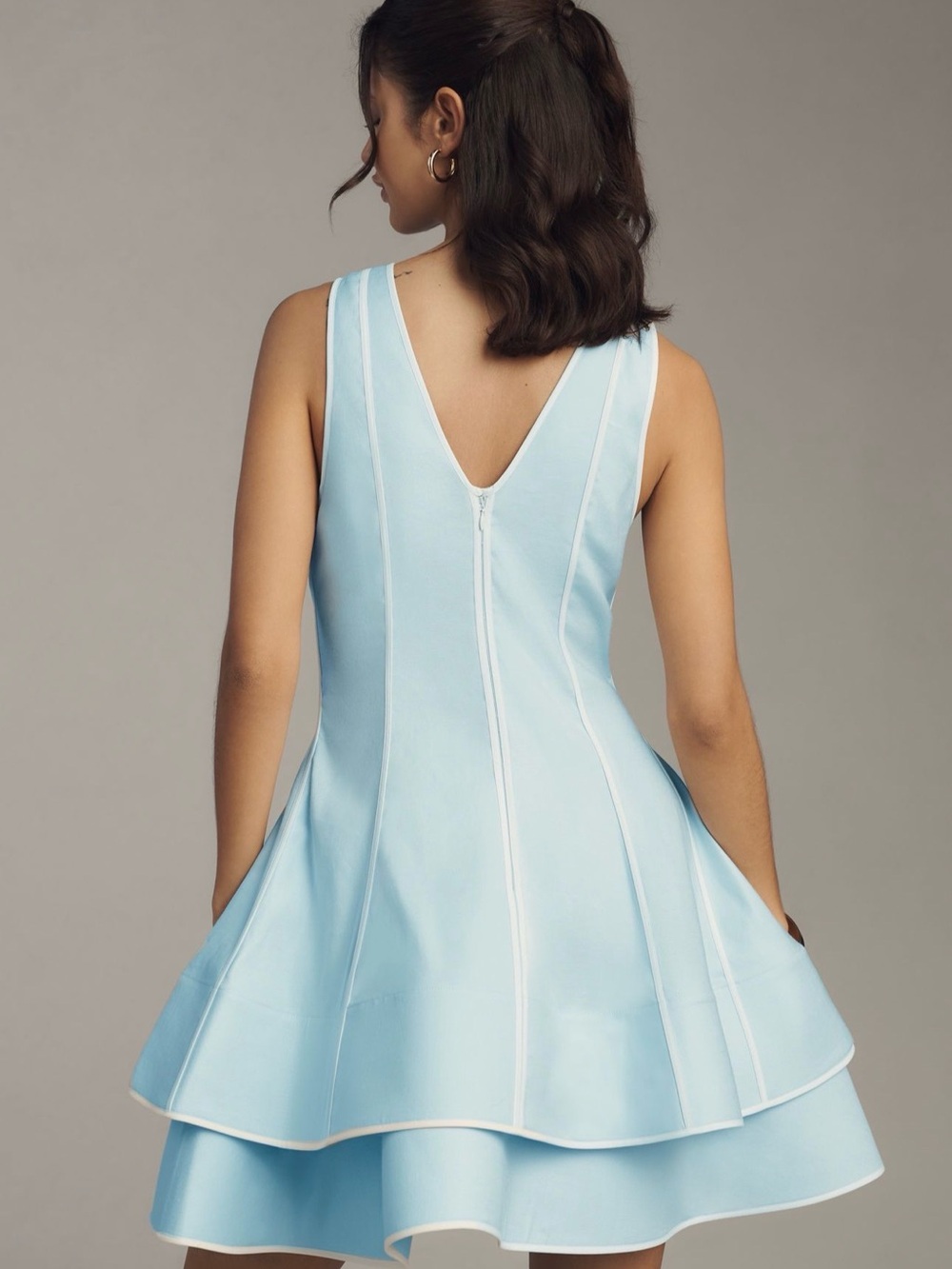 Maeve Linen Blend Sleeveless V-Neck Layered- Hem Mini Dress - Picture 3 of 7